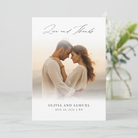 Modernes Script Boho Wedding Overlay Foto Dankeskarte (Stehend Vorderseite)