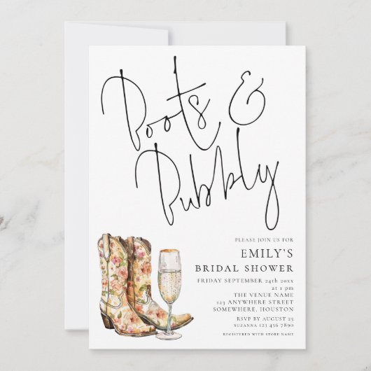Modernes Script Boots Bubbly Brautparty Einladung (Vorderseite)