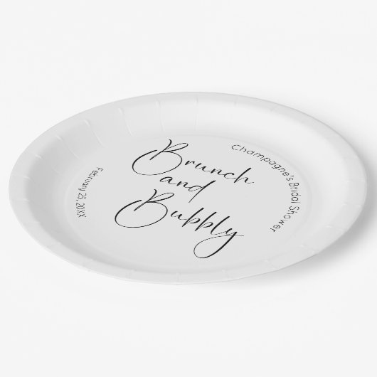 Modernes Script Brautparty Brunch und Bubbly Pappteller (Schrägansicht)