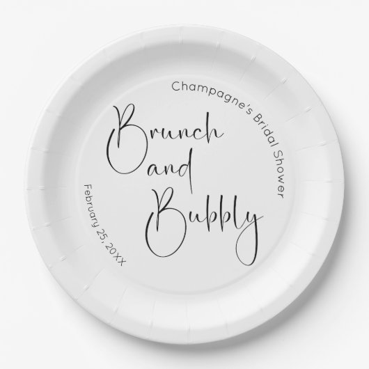 Modernes Script Brautparty Brunch und Bubbly Pappteller (Vorderseite)