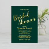 Modernes Script-Brautparty Emerald und Gold Folieneinladung (Stehend vorne)