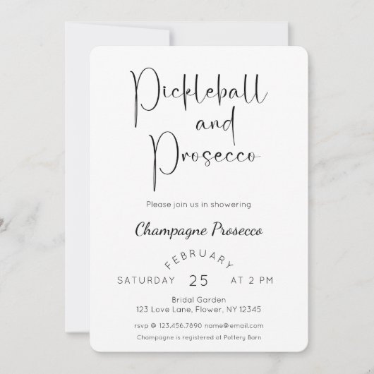 Modernes Script Brautparty Pickleball & Prosecco Einladung (Vorderseite)
