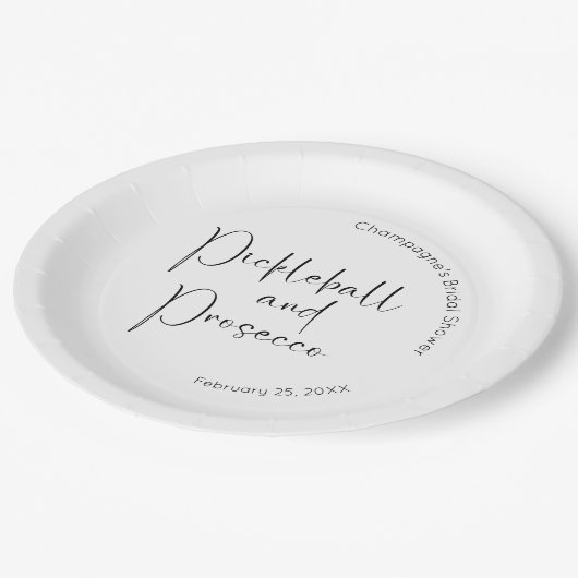 Modernes Script Brautparty Pickleball & Prosecco Pappteller (Schrägansicht)
