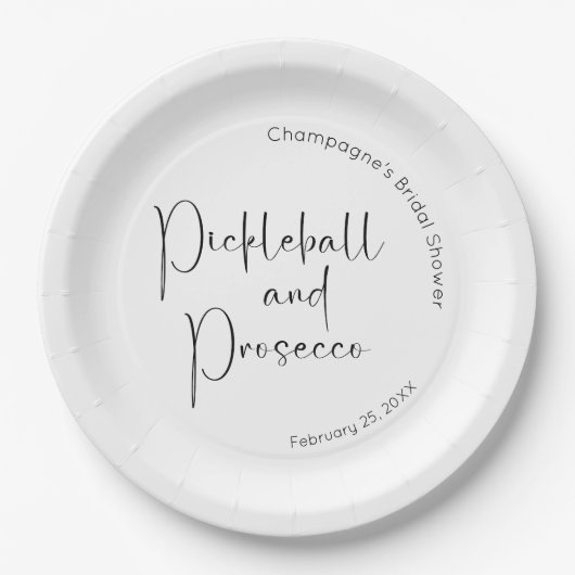 Modernes Script Brautparty Pickleball & Prosecco Pappteller (Vorderseite)