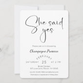 Modernes Script-Brautparty Sie sagte ja Einladung (Vorderseite)
