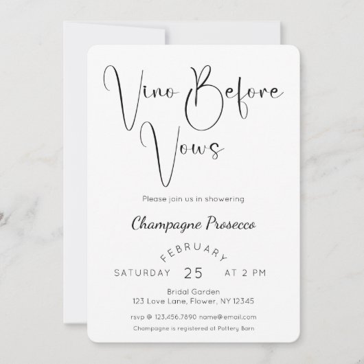 Modernes Script Brautparty Vino Before Vows Einladung (Vorderseite)