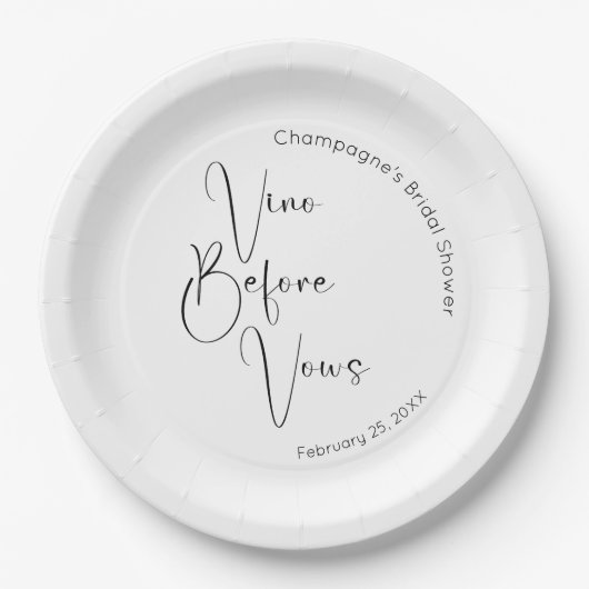 Modernes Script Brautparty Vino Before Vows Pappteller (Vorderseite)
