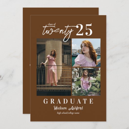Modernes Script Brown 3 Foto Collage Abschluss Ankündigung (Vorne/Hinten)