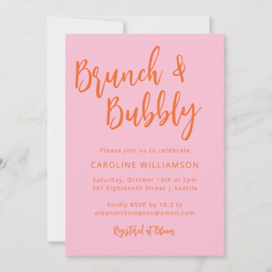 Modernes Script Brunch Bubbly Dusche Rosa Orange Einladung (Vorderseite)