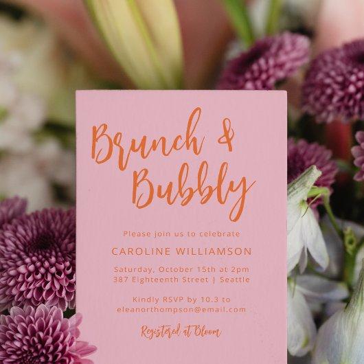 Modernes Script Brunch Bubbly Dusche Rosa Orange Einladung
