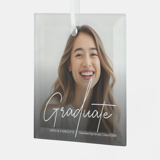 Modernes Script Calligraphy Abschluss Foto Ornament Aus Glas (Vorderseite links)