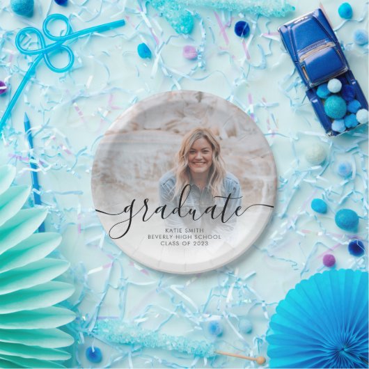 Modernes Script Calligraphy Abschluss Foto Pappteller (Party)