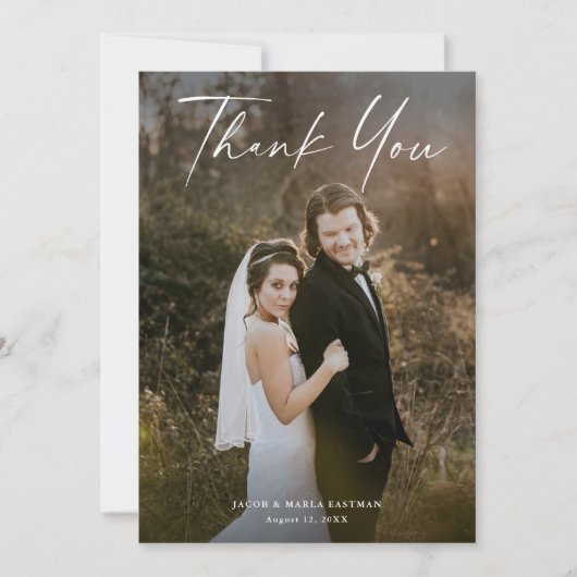 Modernes Script Calligraphy Foto Wedding Dankeskarte (Vorderseite)