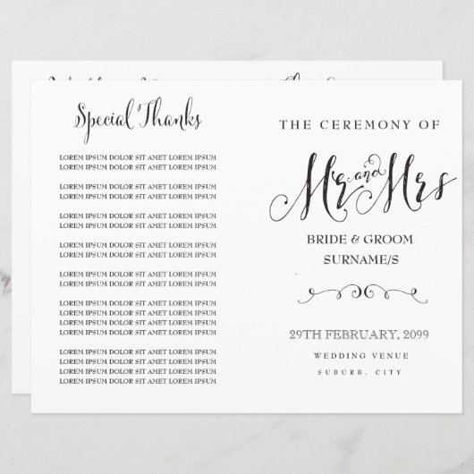 Modernes Script Calligraphy Mr & Mrs. Wedding Prog (Vorne/Hinten)