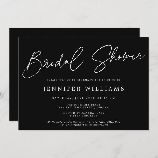 Modernes Script Chic Black + White Brautparty Einladung (Vorne/Hinten)