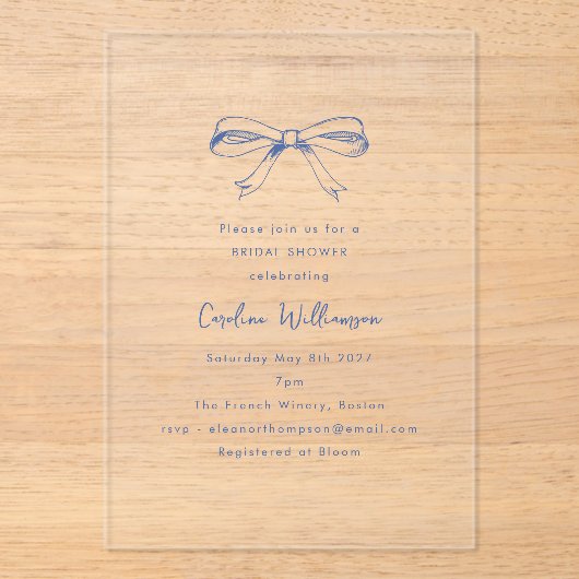 Modernes Script Coquette Bow Blue Brautparty Acryleinladungen (Vorderseite)
