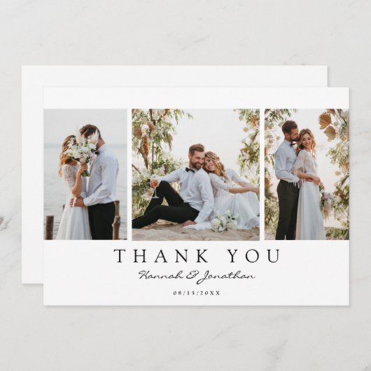 Modernes Script Custom 3 Foto Hochzeit Dankeskarte (Vorne/Hinten)
