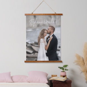 Modernes Script Custom Wedding Foto Keepake Hangin Wandteppich Mit Holzrahmen