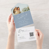 Modernes Script Dusty Blue Foto QR Code Wedding All In One Einladung (Abreißen)