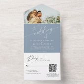 Modernes Script Dusty Blue Foto QR Code Wedding All In One Einladung (Innen Boden)