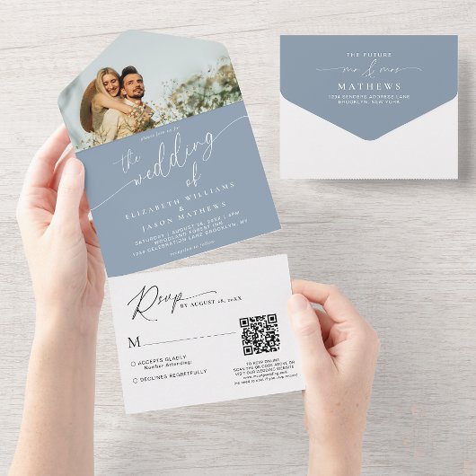 Modernes Script Dusty Blue Foto QR Code Wedding All In One Einladung