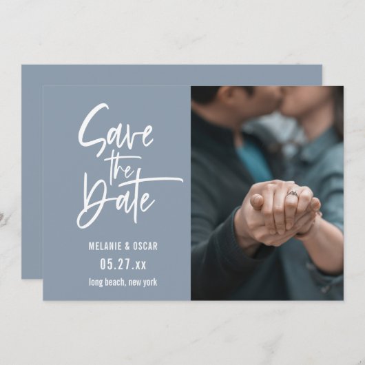 Modernes Script Dusty Blue Foto Save the Date Ankündigung (Vorne/Hinten)
