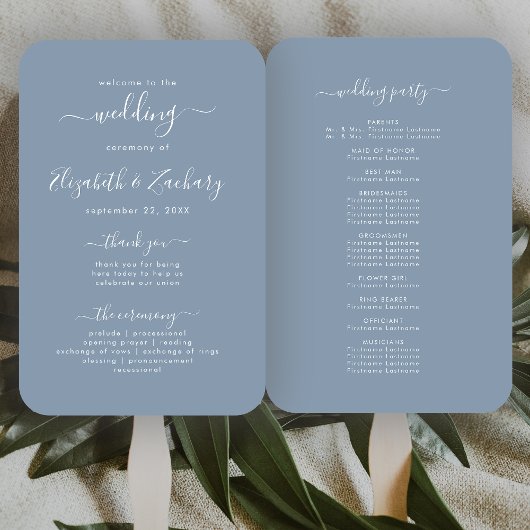 Modernes Script Dusty Blue Wedding Programm Fächer