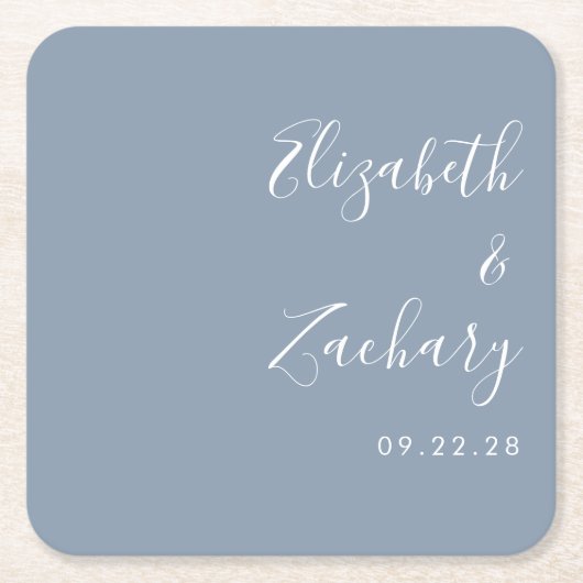 Modernes Script Dusty Blue Wedding Rechteckiger Pappuntersetzer (Vorderseite)