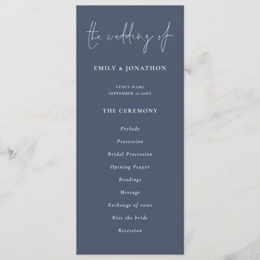Modernes Script Dusty Navy Blue Wedding Programm (Vorderseite)