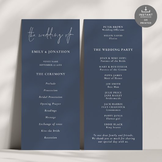 Modernes Script Dusty Navy Blue Wedding Programm
