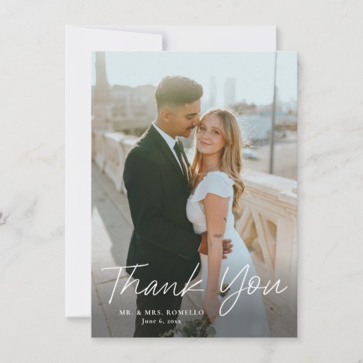 Modernes Script Einfach 2 Foto Hochzeit Dankeskarte (Vorderseite)