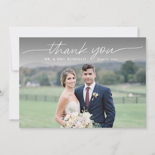 Modernes Script Einfache Foto Hochzeit Danke Karte (Vorderseite)