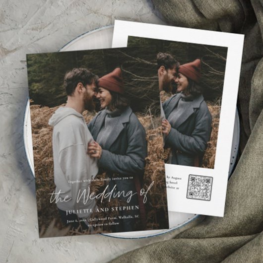 Modernes Script Einfache QR-Foto Hochzeit Einladung