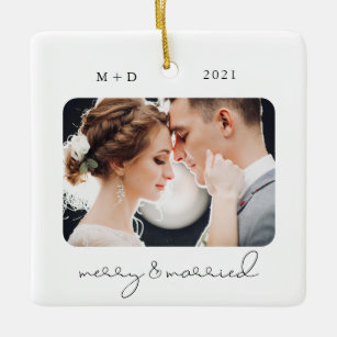 Modernes Script Elegant Merry Verheiratet Wedding  Keramikornament