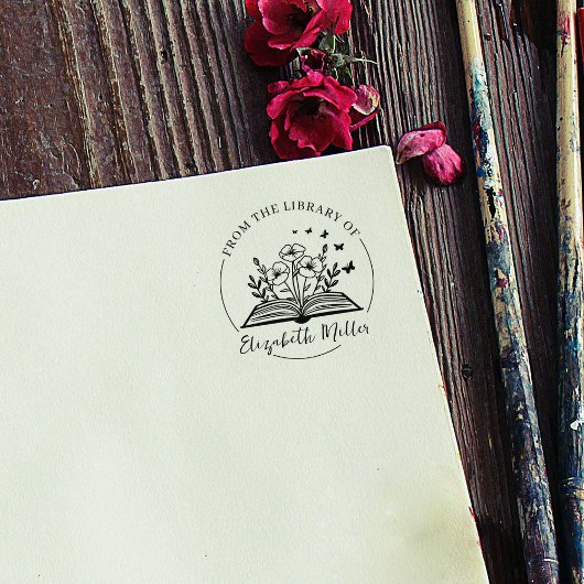 Modernes Script-Exlibris, Botanisches Buch Gummistempel