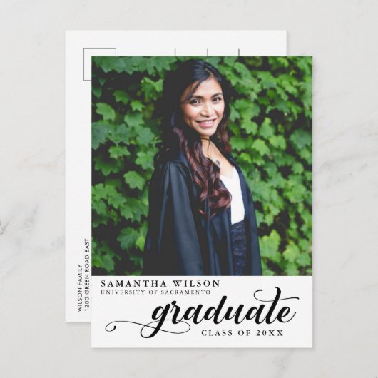 Modernes Script-Foto-Abschluss Ankündigungspostkarte (Vorne/Hinten)