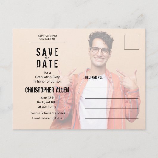 Modernes Script Foto Abschluss Save the Date Postkarte (Rückseite)