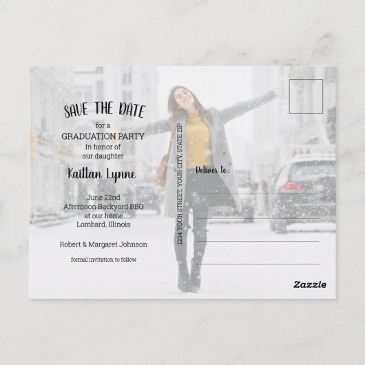 Modernes Script Foto Abschluss SAVE THE DATE Postkarte (Rückseite)