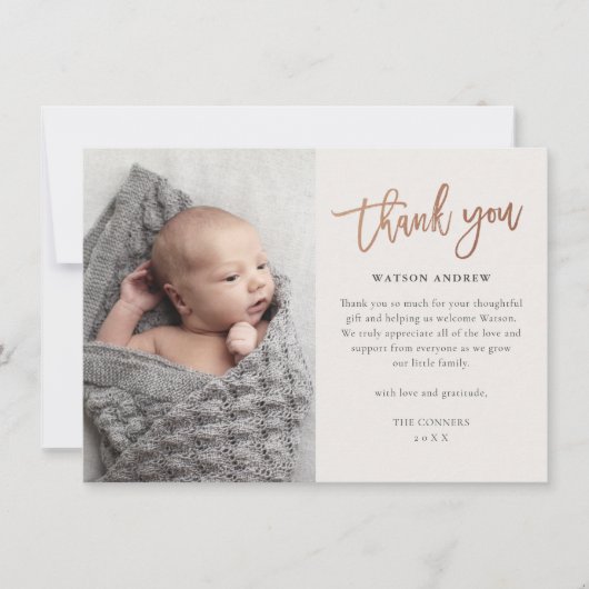 Modernes Script-Foto Baby Dankeskarte (Vorderseite)