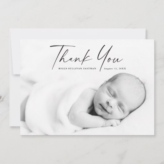 Modernes Script-Foto Baby Dankeskarte (Vorderseite)