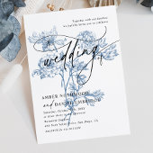 Modernes Script Foto Blue Floral Wedding Einladung