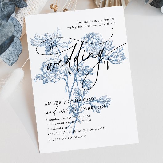 Modernes Script Foto Blue Floral Wedding Einladung