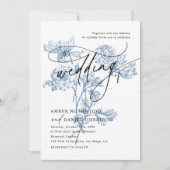 Modernes Script Foto Blue Floral Wedding Einladung (Vorderseite)