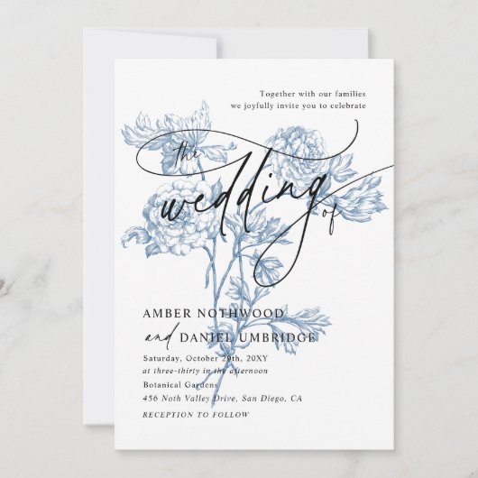 Modernes Script Foto Blue Floral Wedding Einladung (Vorderseite)