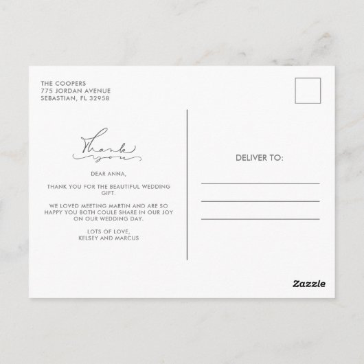 Modernes Script Foto Blue Wedding Vielen Dank Postkarte (Rückseite)