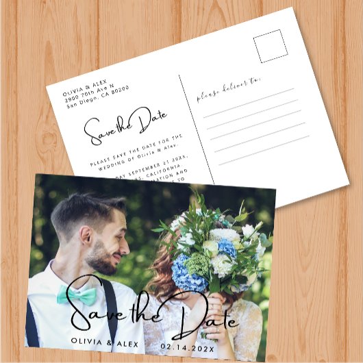 Modernes Script-Foto für Hochzeiten speichern das Postkarte