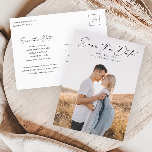 Modernes Script-Foto für Hochzeiten speichern Sie  Ankündigungspostkarte