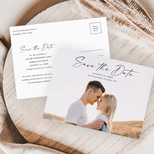 Modernes Script-Foto für Hochzeiten speichern Sie  Ankündigungspostkarte