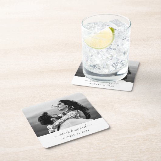 Modernes Script-Foto Hochzeiten Datum Party Rechteckiger Pappuntersetzer (Vor Ort)