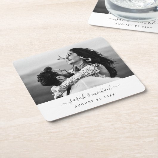 Modernes Script-Foto Hochzeiten Datum Party Rechteckiger Pappuntersetzer (angewinkelt)